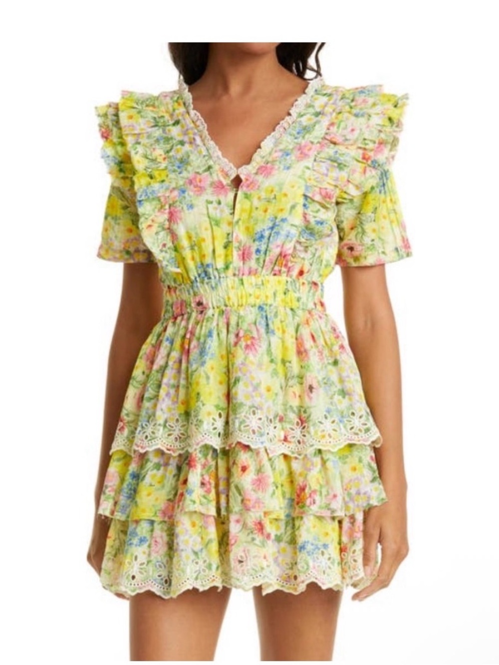 LoveShackFancy Pastel Floral Lace-Trim Mini Dress